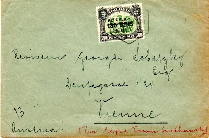 0065.jpg -     Lote:    65      Colecção IMPÉRIO      Companhia do Niassa       Descrição:         1918 &mdash; D. Carlos I, com sobretaxa e sobrecarga REPUBLICA. Sobrescrito circulado de Porto Amélia (04.09.1923) para Viena, com trânsito por Lourenço Marques (10.09.23), com selo de 1$00 s/ 130 reis s/ 300 reis, CE81. MB e MR.        Carta       Valor Base:     &euro; 300,00     Valor Venda:     &euro; 800,00     