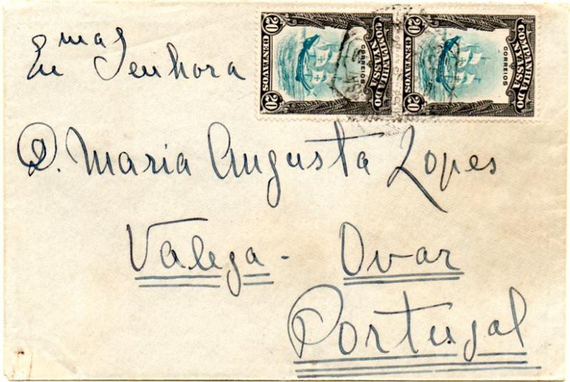 0099.jpg -     Lote:    99      Colecção IMPÉRIO      Companhia do Niassa       Descrição:         192&frac12;3 &mdash; Motivos diversos. Sobrescrito circulado de Quicanga para Ovar (05.04.23) com par de selos de 20C preto e azul CE119.        Carta       Valor Base:     &euro; 40,00     Valor Venda:     &euro; 260,00     