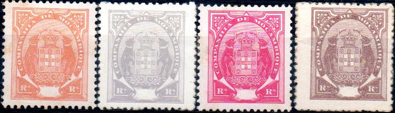 0121.jpg -     Lote:    121      Colecção IMPÉRIO      Companhia de Moçambique       Descrição:         1895 &mdash; Tipo Elefantes. Lote de 4 provas de cores (laranja, violeta cinzento, carmim e castanho) sem impressão do valor, papel porcelana, denteadas e gomadas.        PRV       Valor Base:     &euro; 25,00     Valor Venda:     &euro; 75,00     
