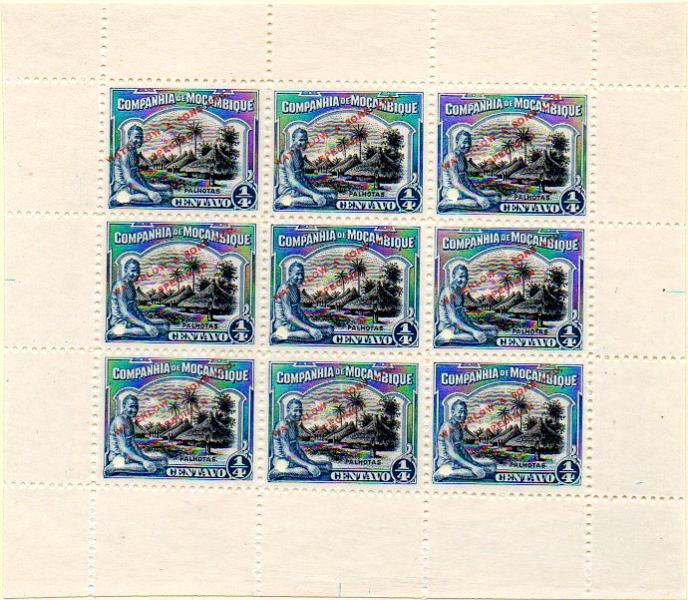 0166.jpg -     Lote:    166      Colecção IMPÉRIO      Companhia de Moçambique       Descrição:         1918 &mdash; Motivos locais. CE117, &frac14; c. Mini-folha de 9 provas (3x3) em azul e preto (cores não aprovadas), com sobrecarga a vermelho "WATERLOW & SONS LTD / SPECIMEN".        PRV       Valor Base:     &euro; 75,00     Valor Venda:     &euro; 75,00     