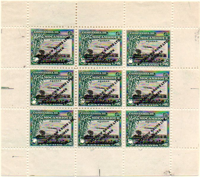 0173.jpg -     Lote:    173      Colecção IMPÉRIO      Companhia de Moçambique       Descrição:         1918 &mdash; Motivos locais. CE121, 2 c. Mini-folha de 9 provas (3x3) em verde e preto (cores não aprovadas), com sobrecarga a preto "WATERLOW & SONS LTD / SPECIMEN".        PRV       Valor Base:     &euro; 75,00     Valor Venda:     &euro; 85,00     