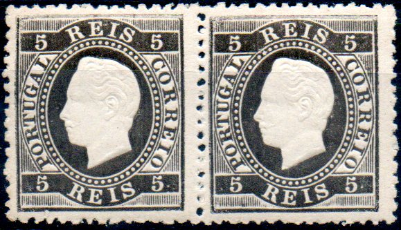 0188.jpg -     Lote:    188      Colecção CASCAIS II             Descrição:         1870/76 &mdash; D. Luís I. Fita direita. CE36, 5 reis preto, papel liso, denteado 12 &frac12;. Par horizontal. Valor de catálogo &euro; 390,00.        ***       Valor Base:     &euro; 60,00     Valor Venda:     &euro; 160,00     