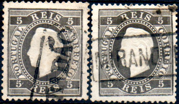0190.jpg -     Lote:    190      Colecção CASCAIS II             Descrição:         1870/76 &mdash; D. Luís I. Fita direita. CE36, 5 reis preto, papel liso. Lote composto por dois selos: um em denteado 12 &frac12; obliterado com carimbo batido a preto S.TA COMBA DÃO e outro em 13 &frac12; com carimbo a preto de MIRANDELLA. MB.        O       Valor Base:     &euro; 20,00     Valor Venda:     &euro; 34,00     