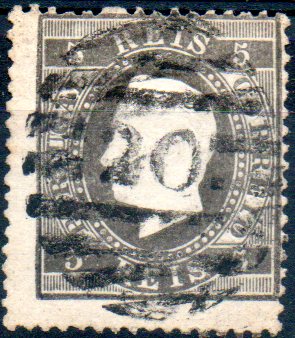 0193.jpg -     Lote:    193      Colecção CASCAIS II             Descrição:         1870/76 &mdash; D. Luís I. Fita direita. CE36, 5 reis preto, papel liso, denteado 13 &frac12;. Selo obliterado com carimbo numérico da 2.ª reforma "20 &mdash; CEZIMBRA". MB e R.        O       Valor Base:     &euro; 20,00     Valor Venda:     &euro; 32,00     