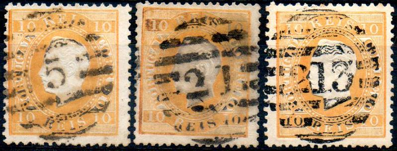 0201.jpg -     Lote:    201      Colecção CASCAIS II             Descrição:         1870/76 &mdash; D. Luís I. Fita direita. CE37, 10 reis amarelo laranja, papel liso, em denteado 12 &frac12; (2) e denteado 13 &frac12;. Obliterações numéricas da 2.ª reforma batidas a preto. Lote de três selos com carimbos "5 &mdash; ALENQUER", "21 &mdash; CINTRA" e "213 &mdash; LAGOA"..         O       Valor Base:     &euro; 30,00     Valor Venda:     Retirado     