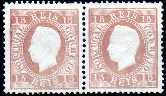 0202.jpg -     Lote:    202      Colecção CASCAIS II             Descrição:         1870/76 &mdash; D. Luís I. Fita direita. CE38, 15 reis castanho, papel porcelana, denteado 12 &frac12;. Par horizontal sem goma.         *       Valor Base:     &euro; 40,00     Valor Venda:     &euro; 40,00     