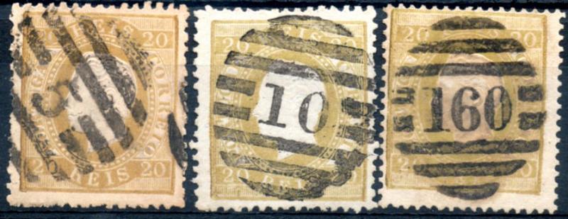 0218.jpg -     Lote:    218      Colecção CASCAIS II             Descrição:         1870/76 &mdash; D. Luís I. Fita direita. CE39, 20 reis bistre, papel liso e porcelana, denteado 12 &frac12; e 13 &frac12;. Lote de 3 selos obliterados com carimbos numéricos da 2.ª reforma, batidos a preto: "5 &mdash; ALENQUER", "10 &mdash; ARRUDA" e "160 &mdash; ABRANTES".        O       Valor Base:     &euro; 25,00     Valor Venda:     &euro; 55,00     