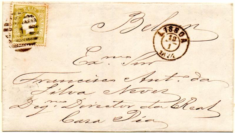 0219.jpg -     Lote:    219      Colecção CASCAIS II             Descrição:         1870/76 &mdash; D. Luís I. Fita direita. CE39, 20 reis bistre, papel liso, denteado 12 &frac12;, sobre carta (circular impressa) circulada aberta em Lisboa (19.01.1874). B e R.        Carta       Valor Base:     &euro; 100,00     Valor Venda:     &euro; 100,00     