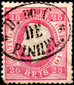 0220.jpg -     Lote:    220      Colecção CASCAIS II             Descrição:         1870/76 &mdash; D. Luís I. Fita direita. CE40, 25 reis carmim, papel liso, denteado 12 &frac12;, obliterado com carimbo nominativo oval, batido a preto, de "A. D. DO C. / DE / PINHEL". Selo com um canto curto.        O       Valor Base:     &euro; 15,00     Valor Venda:     &euro; 22,00     