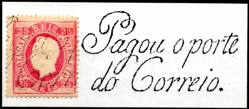 0221.jpg -     Lote:    221      Colecção CASCAIS II             Descrição:         1870/76 &mdash; D. Luís I. Fita direita. CE40, 25 reis carmim, papel liso, denteado 13 &frac12;, obliterado com carimbo pré-filatélico, batido a preto, "PAGOU O PORTE / DO CORREIO". MB e MR.        O       Valor Base:     &euro; 75,00     Valor Venda:     &euro; 140,00     