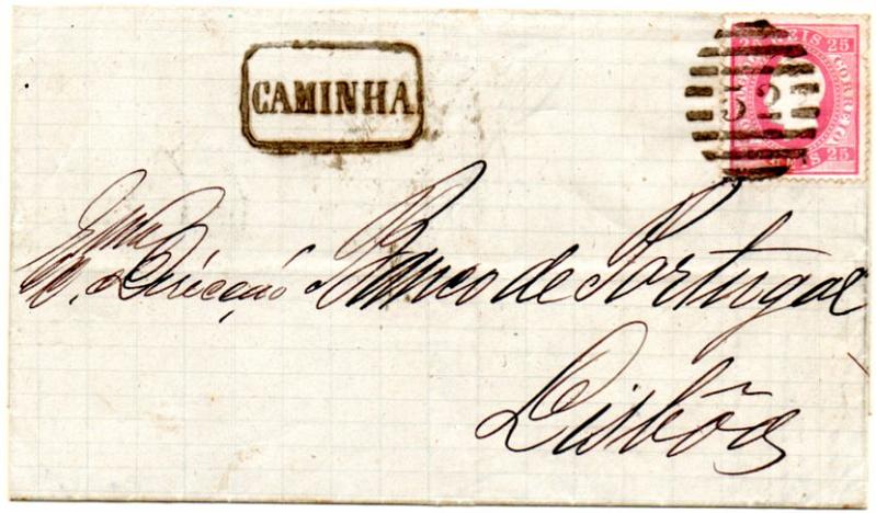0222.jpg -     Lote:    222      Colecção CASCAIS II             Descrição:         1870/76 &mdash; D. Luís I. Fita direita. CE40, 25 reis carmim, papel liso, denteado 13 &frac12; sobre carta circulada de Caminha (26.02.1876) para Lisboa (28.02.1876) com trânsito pelo Porto (27.02.76). Carimbos nominativo e numérico da 2.ª reforma batidos a preto "52" e "CAMINHA". MB.        Carta       Valor Base:     &euro; 30,00     Valor Venda:     &euro; 52,00     