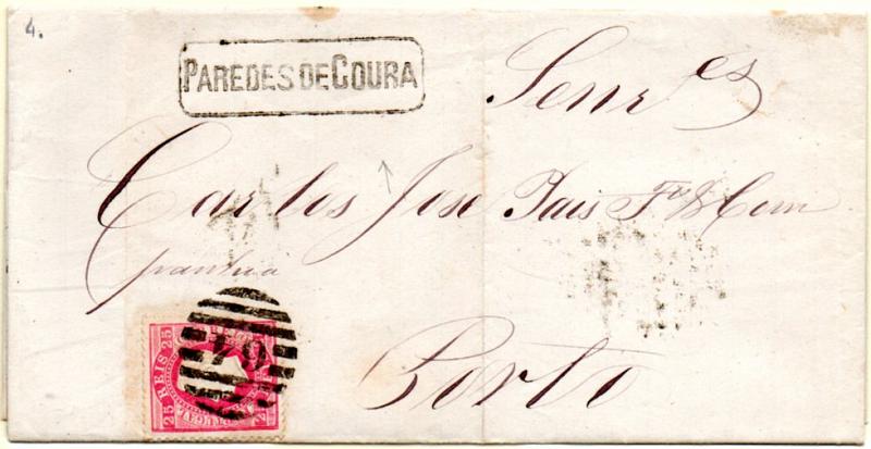 0223.jpg -     Lote:    223      Colecção CASCAIS II             Descrição:         1870/76 &mdash; D. Luís I. Fita direita. CE40, 25 reis carmim, papel liso, denteado 12 &frac12; sobre carta circulada de Paredes de Coura (14.04.1873) para o Porto (16.04.73). Carimbos nominativo e numérico da 2.ª reforma batidos a preto "64" e "PAREDES DE COURA". MB e R.        Carta       Valor Base:     &euro; 40,00     Valor Venda:     &euro; 95,00     