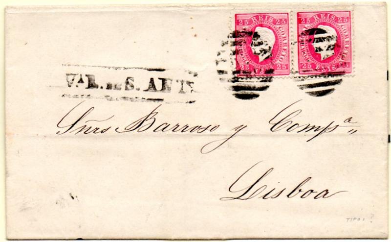 0224.jpg -     Lote:    224      Colecção CASCAIS II             Descrição:         1870/76 &mdash; D. Luís I. Fita direita. CE40, 25 reis carmim, papel liso, denteado 12 &frac12;. Par horizontal sobre carta circulada de Vila Real de S. António (15.07.71) para Lisboa (17.07.71) com trânsito pelo Faro (16.07.71). Carimbos nominativo e numérico da 2.ª reforma batidos a preto "220" e "V.A R. DE S. ANT.º". B.        Carta       Valor Base:     &euro; 20,00     Valor Venda:     Retirado     