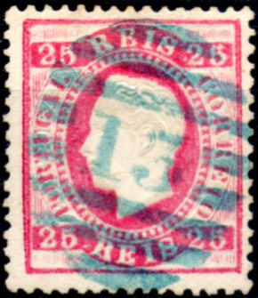0225.jpg -     Lote:    225      Colecção CASCAIS II             Descrição:         1870/76 &mdash; D. Luís I. Fita direita. CE40, 25 reis carmim, papel liso, denteado 12 &frac12;, obliterado com carimbo numérico da 2.ª reforma, batido a azul "13 &mdash; BARREIRO". MB e MR em azul.        O       Valor Base:     &euro; 35,00     Valor Venda:     &euro; 55,00     