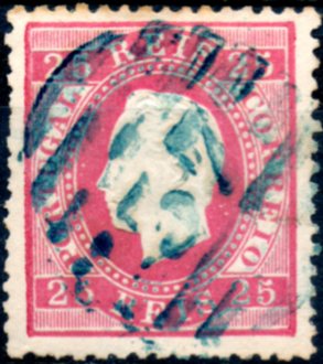 0226.jpg -     Lote:    226      Colecção CASCAIS II             Descrição:         1870/76 &mdash; D. Luís I. Fita direita. CE40, 25 reis carmim, papel liso, denteado 12 &frac12;, obliterado com carimbo numérico da 2.ª reforma, batido a azul esverdeado "37 &mdash; SETÚBAL". MB e MR nesta cor        O       Valor Base:     &euro; 35,00     Valor Venda:     &euro; 36,00     