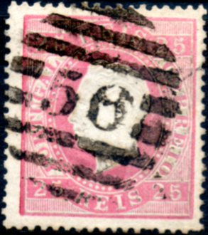 0227.jpg -     Lote:    227      Colecção CASCAIS II             Descrição:         1870/76 &mdash; D. Luís I. Fita direita. CE40, 25 reis carmim, papel liso, denteado 14, obliterado com carimbo numérico da 2.ª reforma, batido a preto "56 - FAFE". MB.        O       Valor Base:     &euro; 20,00     Valor Venda:     &euro; 36,00     