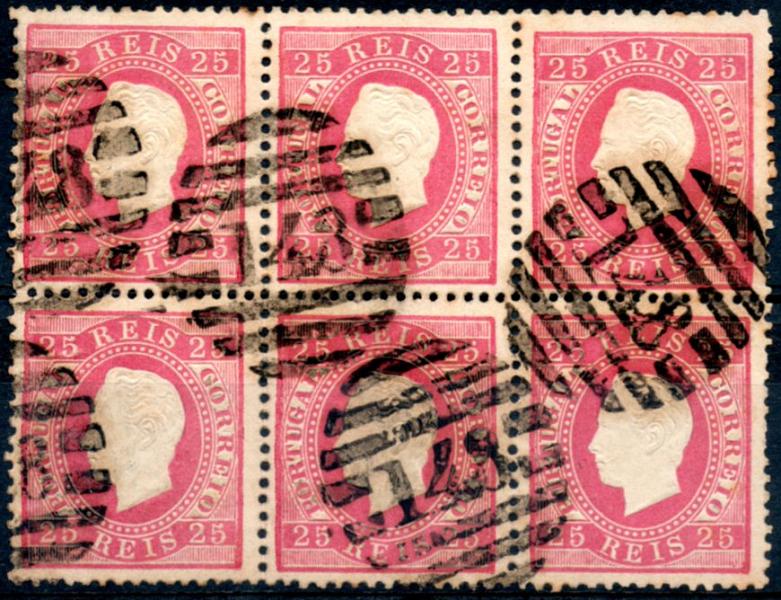 0229.jpg -     Lote:    229      Colecção CASCAIS II             Descrição:         1870/76 &mdash; D. Luís I. Fita direita. CE40, 25 reis carmim, papel liso, denteado 12 &frac12;. Bloco de 6 selos (3x2) obliterado com carimbo numérico da 2.ª reforma, batido a preto "148 &mdash; PINHEL".        O       Valor Base:     &euro; 20,00     Valor Venda:     &euro; 55,00     