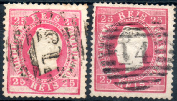 0230.jpg -     Lote:    230      Colecção CASCAIS II             Descrição:         1870/76 &mdash; D. Luís I. Fita direita. CE40, 25 reis carmim, papel liso, denteados 12 &frac12; e 13 &frac12;. Lote de dois selos, obliterados com carimbos numéricos, batidos a preto, da 1.ª reforma "14 &mdash; BARREIRO" e da 2.ª reforma "15 &mdash; CALDAS DA RAINHA".        O       Valor Base:     &euro; 10,00     Valor Venda:     &euro; 20,00     