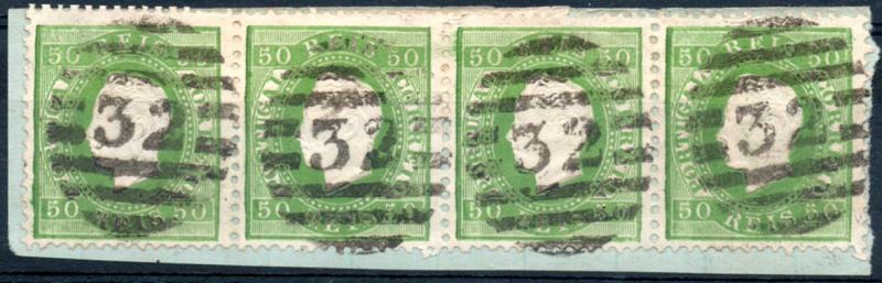 0231.jpg -     Lote:    231      Colecção CASCAIS II             Descrição:         1870/76 &mdash; D. Luís I. Fita direita. CE41, 50 reis verde, papel liso, denteado 12 &frac12;. Fragmento com tira horizontal de 4 selos, obliterados com carimbo numérico da 2.ª reforma, batido a preto "32 &mdash; RIO MAIOR". MB e MR.        FRG       Valor Base:     &euro; 50,00     Valor Venda:     &euro; 150,00     