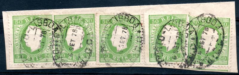 0232.jpg -     Lote:    232      Colecção CASCAIS II             Descrição:         1870/76 &mdash; D. Luís I. Fita direita. CE41, 50 reis verde, papel liso, denteado 13 &frac12;. Fragmento com 5 selos, obliterados com carimbo da ambulância ferroviária batido a preto "R. A. DO PORTO &mdash; LISBOA / 6 SET 78"". MB e MR.        FRG       Valor Base:     &euro; 60,00     Valor Venda:     &euro; 180,00     