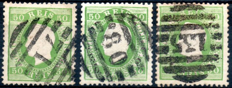 0233.jpg -     Lote:    233      Colecção CASCAIS II             Descrição:         1870/76 &mdash; D. Luís I. Fita direita. CE41, 50 reis verde, papel liso, denteado 12 &frac12;. Lote de 3 selos obliterados com carimbos numéricos da 2.ª reforma, batidos a preto: "71 &mdash; VALENÇA", "80 &mdash; ALBERGARIA-A-VELHA" e "135 &mdash; CELORICO DA BEIRA". MB.        O       Valor Base:     &euro; 30,00     Valor Venda:     &euro; 50,00     