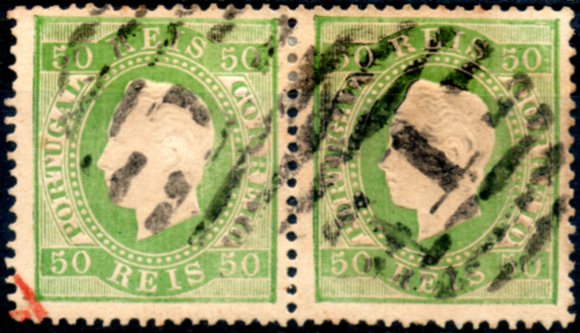 0234.jpg -     Lote:    234      Colecção CASCAIS II             Descrição:         1870/76 &mdash; D. Luís I. Fita direita. CE41, 50 reis verde, papel liso, denteado 13 &frac12;. Par horizontal obliterado com carimbo numérico, batido a preto, "1 &mdash; LISBOA". Valor de catálogo &euro; 135,60.        O       Valor Base:     &euro; 20,00     Valor Venda:     &euro; 20,00     