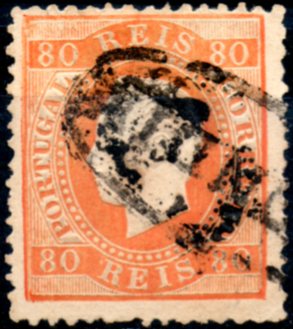 0235.jpg -     Lote:    235      Colecção CASCAIS II             Descrição:         1870/76 &mdash; D. Luís I. Fita direita. CE42, 80 reis laranja, denteado 12 &frac12;, obliterado com carimbo nominativo batido a preto "MONDIM".        O       Valor Base:     &euro; 25,00     Valor Venda:     Retirado     
