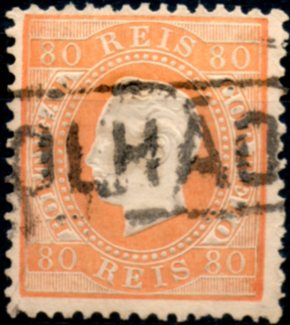 0236.jpg -     Lote:    236      Colecção CASCAIS II             Descrição:         1870/76 &mdash; D. Luís I. Fita direita. CE42, 80 reis laranja, denteado 12 &frac12;, obliterado com carimbo nominativo batido a preto "OLHÃO".        O       Valor Base:     &euro; 25,00     Valor Venda:     Retirado     