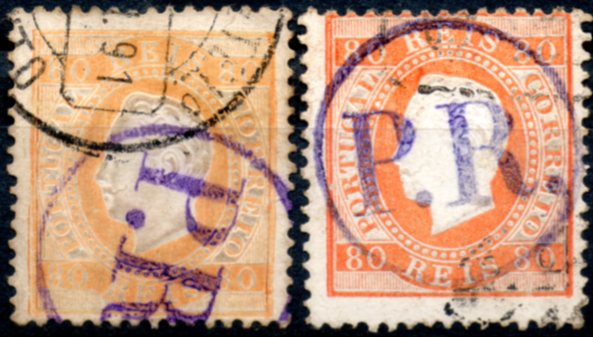 0237.jpg -     Lote:    237      Colecção CASCAIS II             Descrição:         1870/76 &mdash; D. Luís I. Fita direita. CE42, 80 reis, denteado 12 &frac12;: Lote de dois selos (1 em amarelo e outro laranja), todos com carimbo "P.R:" (raros nesta emissão), bem batidos a violeta. Selos perfeitos.        O       Valor Base:     &euro; 30,00     Valor Venda:     Retirado     