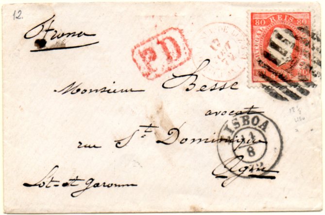 0238.jpg -     Lote:    238      Colecção CASCAIS II             Descrição:         1870/76 &mdash; D. Luís I. Fita direita. CE42, 80 reis laranja, denteado 12 &frac12;, sobre carta circulada de Lisboa (11.08.72) para França (18.08.72). MB.        Carta       Valor Base:     &euro; 30,00     Valor Venda:     &euro; 30,00     