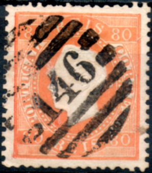 0239.jpg -     Lote:    239      Colecção CASCAIS II             Descrição:         1870/76 &mdash; D. Luís I. Fita direita. CE42, 80 reis laranja, denteado 12 &frac12;, obliterado com carimbo numérico da 2.ª reforma, batido a preto "146 &mdash; S. PEDRO DO SUL", tipo 4 aberto. MB e R.        O       Valor Base:     &euro; 30,00     Valor Venda:     &euro; 32,00     
