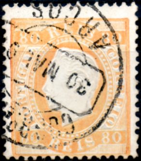0240.jpg -     Lote:    240      Colecção CASCAIS II             Descrição:         1870/76 &mdash; D. Luís I. Fita direita. CE42, 80 reis amarelo, papel porcelana, denteado 12 &frac12;, obliterado com carimbo circular datado tipo 1880 de "ARCOS". MB e MR.        O       Valor Base:     &euro; 30,00     Valor Venda:     Retirado     