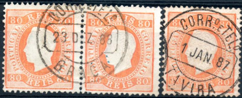 0241.jpg -     Lote:    241      Colecção CASCAIS II             Descrição:         1870/76 &mdash; D. Luís I. Fita direita. CE42, 80 reis laranja, papel porcelana, denteado 12 &frac12;. Lote composto por par horizontal, cunho II, obliterado com CCD a preto "BRAGA" + selo com CCD a preto "TAVIRA". Carimbos bem batidos. MB.        O       Valor Base:     &euro; 20,00     Valor Venda:     &euro; 55,00     