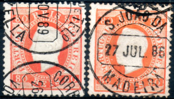 0242.jpg -     Lote:    242      Colecção CASCAIS II             Descrição:         1870/76 &mdash; D. Luís I. Fita direita. CE42, 80 reis laranja, papel porcelana, denteado 12 &frac12;, cunho II. Lote composto por dois selos obliterados com carimbos CCD's tipo 1880, batidos a preto de "VOUZELLA" e "S. JOÃO DA / MADEIRA". MB.        O       Valor Base:     &euro; 20,00     Valor Venda:     &euro; 26,00     