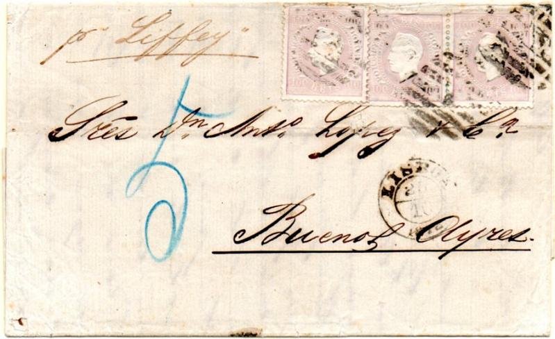 0243.jpg -     Lote:    243      Colecção CASCAIS II             Descrição:         1870/76 &mdash; D. Luís I. Fita direita. CE43, 100 reis lilás, papel liso, denteado 12 &frac12;. Par horizontal + 1 selo circulados em carta remetida de Lisboa (25.10.1871) para Buenos Aires, pelo paquete "Liffey". MB e R.        Carta       Valor Base:     &euro; 200,00     Valor Venda:     &euro; 320,00     
