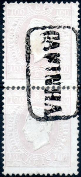 0244.jpg -     Lote:    244      Colecção CASCAIS II             Descrição:         1870/76 &mdash; D. Luís I. Fita direita. CE43, 100 reis lilás claro, papel porcelana, denteado 12 &frac12;. Par vertical obliterado com carimbo numérico, batido a preto "CAMINHA". MB.        O       Valor Base:     &euro; 35,00     Valor Venda:     &euro; 35,00     