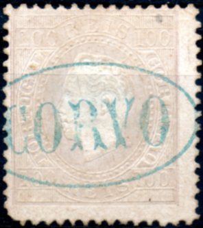 0245.jpg -     Lote:    245      Colecção CASCAIS II             Descrição:         1870/76 &mdash; D. Luís I. Fita direita. CE43, 100 reis lilás, papel porcelana, denteado 12 &frac12;, obliterado com carimbo nominativo, batido a azul do "CORVO". Selo com um canto curto. B e MR.        O       Valor Base:     &euro; 40,00     Valor Venda:     Retirado     