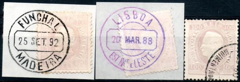 0248.jpg -     Lote:    248      Colecção CASCAIS II             Descrição:         1870/76 &mdash; D. Luís I. Fita direita. CE43, 100 reis lilás a lilás claro, denteado 12 &frac12;, papel porcelana. Lote de 3 selos obliterados com CCD's "FUNCHAL / MADEIRA" (preto), "LISBOA / EST. NE E LESTE" (violeta) e "MOIMENTA DA BEIRA" (preto). MB.        O       Valor Base:     &euro; 30,00     Valor Venda:     &euro; 30,00     
