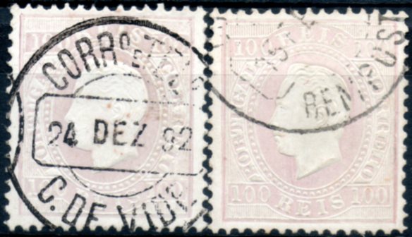 0249.jpg -     Lote:    249      Colecção CASCAIS II             Descrição:         1870/76 &mdash; D. Luís I. Fita direita. CE43, 100 reis lilás a lilás claro, denteado 12 &frac12;, papel porcelana. Lote de 2 selos obliterados com CCD's de "C. DE VIDE" e "BEMPOSTA". MB.        O       Valor Base:     &euro; 20,00     Valor Venda:     &euro; 20,00     