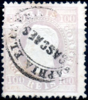 0250.jpg -     Lote:    250      Colecção CASCAIS II             Descrição:         1870/76 &mdash; D. Luís I. Fita direita. CE43, 100 reis lilás, denteado 12 &frac12;, papel porcelana, obliterado com carimbo batido a preto "TELEGRAPHIA ELECTRICA / CASCAES". MB e R.        O       Valor Base:     &euro; 25,00     Valor Venda:     &euro; 210,00     