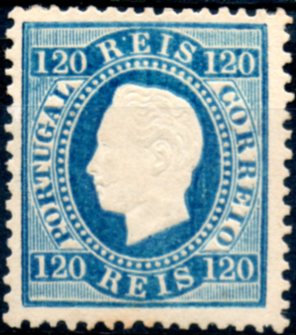 0252.jpg -     Lote:    252      Colecção CASCAIS II             Descrição:         1870/76 &mdash; D. Luís I. Fita direita. CE44, 120 reis azul, papel liso, denteado 12 &frac12;. Selo com uma ligeira transparência derivada do batimento do cunho. Valor de catálogo &euro; 490,00.        **       Valor Base:     &euro; 50,00     Valor Venda:     &euro; 110,00     