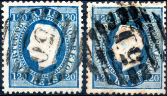 0253.jpg -     Lote:    253      Colecção CASCAIS II             Descrição:         1870/76 &mdash; D. Luís I. Fita direita. CE44, 120 reis azul, papel liso, denteado 12 &frac12;. Lote de dois selos obliterados com carimbos numéricos da 2.ª reforma: "50 &mdash; BRAGA" e "51 &mdash; CABECEIRAS DE BASTO". Valor de catálogo &euro; 404,00.        O       Valor Base:     &euro; 60,00     Valor Venda:     &euro; 80,00     