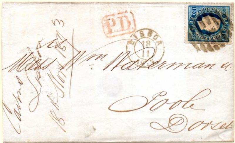 0254.jpg -     Lote:    254      Colecção CASCAIS II             Descrição:         1870/76 &mdash; D. Luís I. Fita direita. CE44, 120 reis azul, papel liso, denteado 12 &frac12;. Selo sobre carta circulada de Lisboa (18.11.1873) para Poole / Inglaterra (26.11.73). MB.        Carta       Valor Base:     &euro; 75,00     Valor Venda:     Retirado     