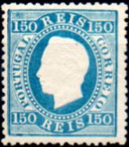 0255.jpg -     Lote:    255      Colecção CASCAIS II             Descrição:         1870/76 &mdash; D. Luís I. Fita direita. CE45, 150 reis azul claro, papel liso, denteado 12 &frac12;, cunho II. Valor de catálogo &euro; 579,00. Leve sinal de charneira. MB.        **       Valor Base:     &euro; 75,00     Valor Venda:     &euro; 160,00     