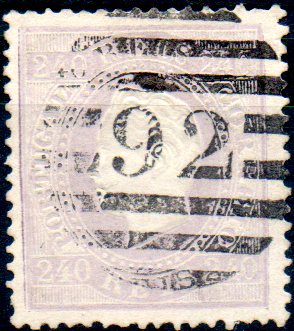 0258.jpg -     Lote:    258      Colecção CASCAIS II             Descrição:         1870/76 &mdash; D. Luís I. Fita direita. CE46, 240 reis violeta claro, papel liso, denteado 13 &frac12;. Reimpressão de 1885, obliterada com carimbo numérico da 2.ª reforma "92 &mdash; FEIRA"..        RO       Valor Base:     &euro; 15,00     Valor Venda:     &euro; 28,00     