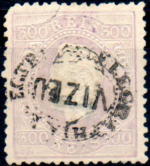 0262.jpg -     Lote:    262      Colecção CASCAIS II             Descrição:         1870/76 &mdash; D. Luís I. Fita direita. CE47, 300 reis violeta escuro, denteado 12 &frac12;, papel liso, obliterado com carimbo batido a preto "TELEGRAPHIA ELECTRICA / VIZEU". Selo com alguns defeitos. Lote a ver.        O       Valor Base:     &euro; 20,00     Valor Venda:     &euro; 20,00     