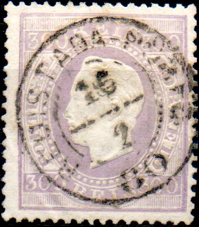 0263.jpg -     Lote:    263      Colecção CASCAIS II             Descrição:         1870/76 &mdash; D. Luís I. Fita direita. CE47, 300 reis violeta escuro, denteado 13 &frac12;, papel liso, obliterado com carimbo circular datado, batido a preto "REGISTADA PORTO / 15-2-80". MB.        O       Valor Base:     &euro; 35,00     Valor Venda:     Retirado     