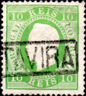 0266.jpg -     Lote:    266      Colecção CASCAIS II             Descrição:         1879/80 &mdash; D. Luís I. Fita direita. Novas cores. CE49, 10 reis verde, papel porcelana, denteado 13 &frac12;, obliterado com carimbo nominativo, batido a preto "TAVIRA".        O       Valor Base:     &euro; 35,00     Valor Venda:     &euro; 75,00     
