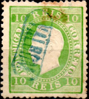 0267.jpg -     Lote:    267      Colecção CASCAIS II             Descrição:         1879/80 &mdash; D. Luís I. Fita direita. Novas cores. CE49, 10 reis verde amarelo, papel liso, denteado 12 &frac12;, obliterado com carimbo nominativo, batido a azul "VALBOM". Selo com um dente curto.        O       Valor Base:     &euro; 50,00     Valor Venda:     &euro; 50,00     
