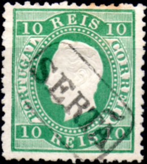 0270.jpg -     Lote:    270      Colecção CASCAIS II             Descrição:         1879/80 &mdash; D. Luís I. Fita direita. Novas cores. CE49, 10 reis verde azul, papel liso, denteado 12 &frac12;, obliterado com carimbo nominativo, batido a preto "SERTÃ". MB e R.        O       Valor Base:     &euro; 80,00     Valor Venda:     &euro; 160,00     